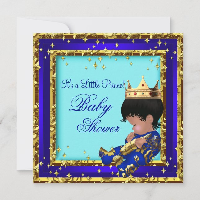 Baby Shower Royal Blue Gold Boy crown prince Stars Invitation (Front)