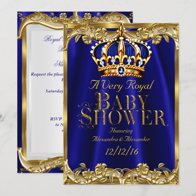 Baby Shower Royal Blue Navy Gold Crown Invitation (Front/Back)