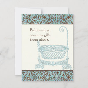 Baby Shower RSVP - Blue Brown Damask Cradle Card