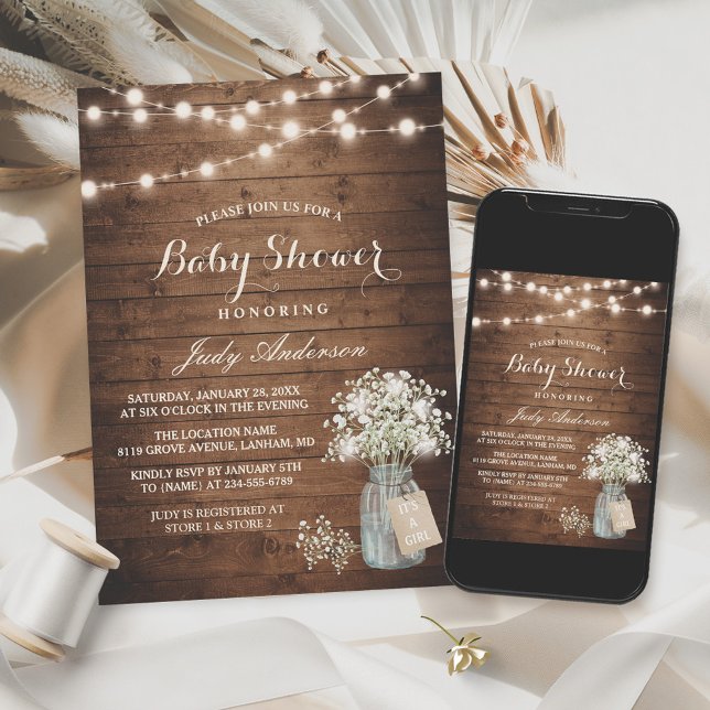 Baby Shower Rustic Baby's Breath Floral Mason Jar Invitation (Creator Uploaded)