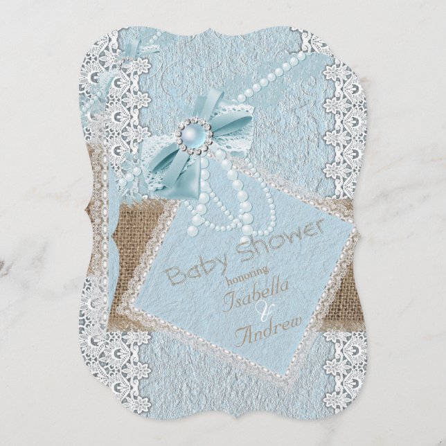 Baby Shower Rustic Blue Bow Pearl Lace Burlap Invitation (Front/Back)