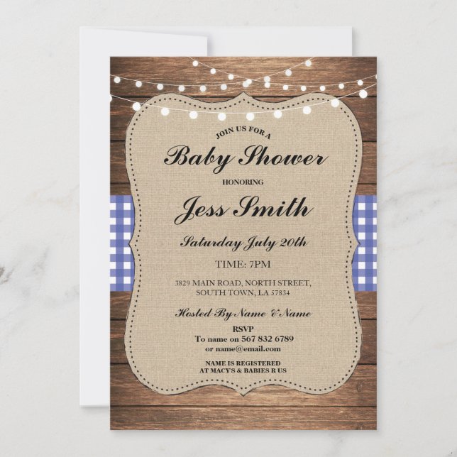 Baby Shower  Rustic Burlap Blue Wood BBQ Invite (Front)