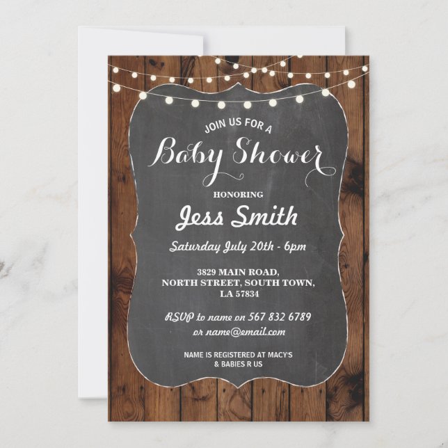 Baby Shower Rustic Chalk & Wood Invite BBQ Party (Front)