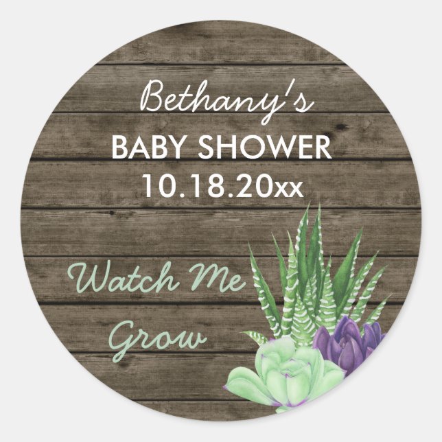 Baby Shower Rustic Succulents Watch Me Grow Classic Round Sticker (Front)
