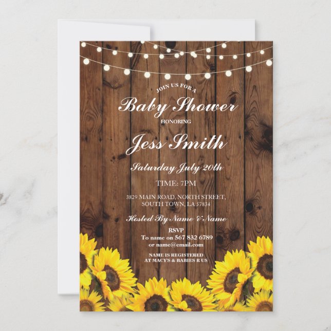 Baby Shower Rustic Sunflower Wood Party Invite (Front)