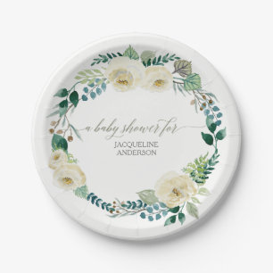 Baby Shower Rustic Wreath Alabaster Ivory Roses Paper Plate