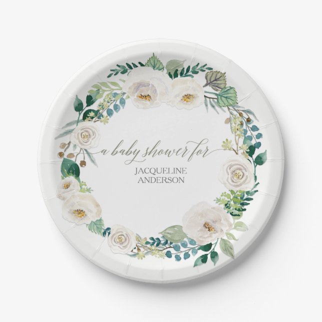 Baby Shower Rustic Wreath Alabaster White Roses Paper Plate (Front)