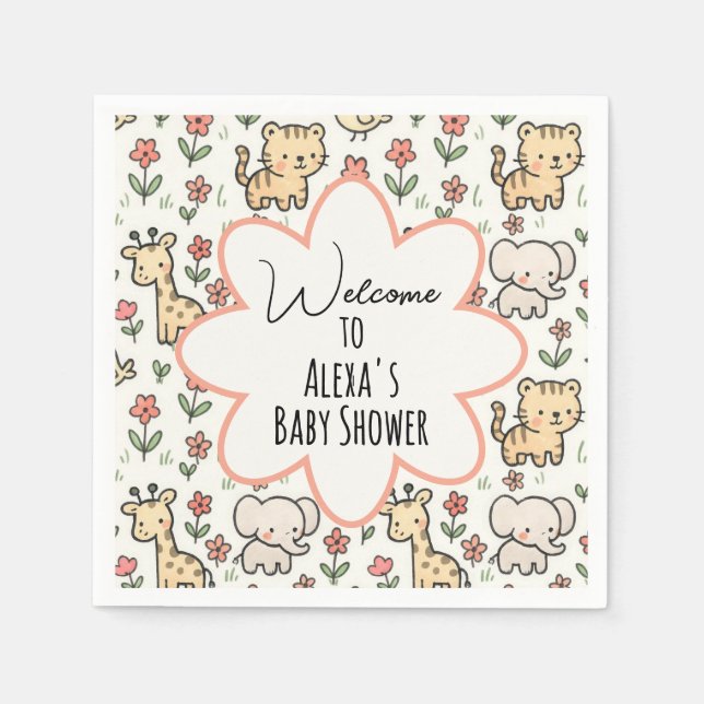 Baby Shower Safari Animal With Flowers Napkin (Front)