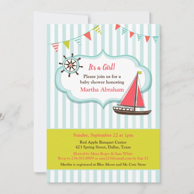 Baby Shower Sailing Boat Baby Girl Invitation (Front)