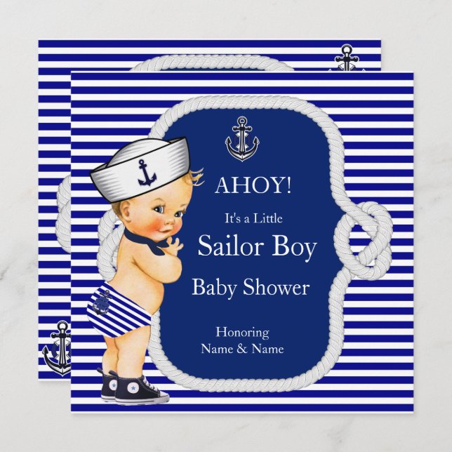 Baby Shower Sailor Boy Blue Stripe Blonde Invitation (Front/Back)