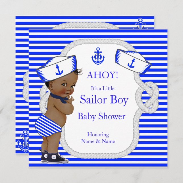 Baby Shower Sailor Boy Royal Blue Stripe Ethnic Invitation (Front/Back)