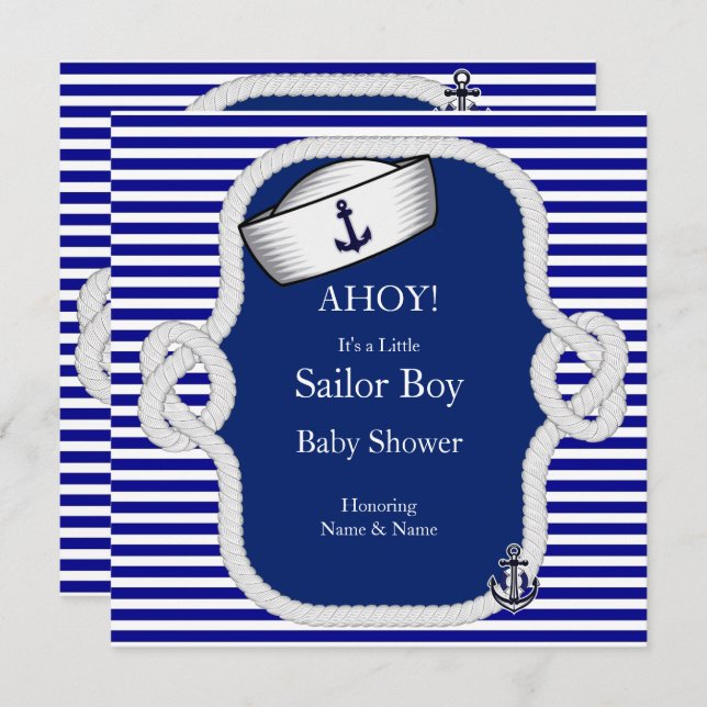 Baby Shower Sailor Hat Boy Blue Stripe Invitation (Front/Back)