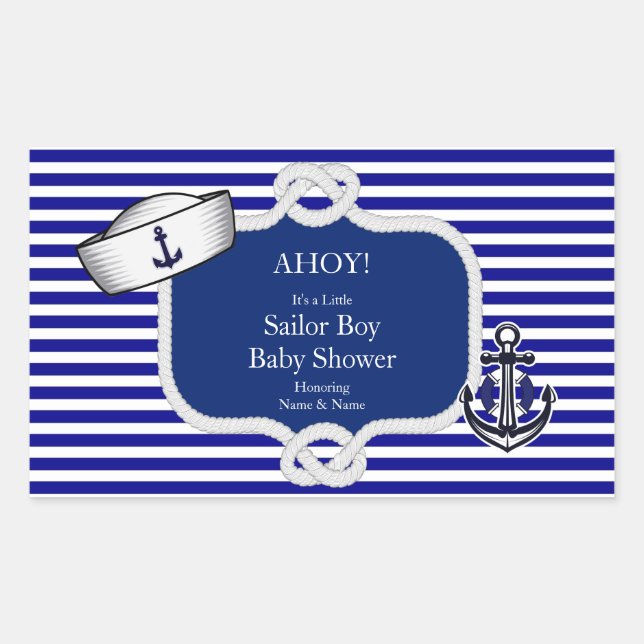 Baby Shower Sailor Hat Boy Blue Stripe Rectangular Sticker (Front)