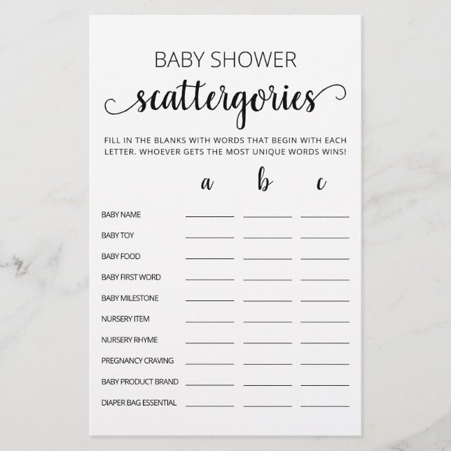 Baby Shower Scattergories party game (Front)