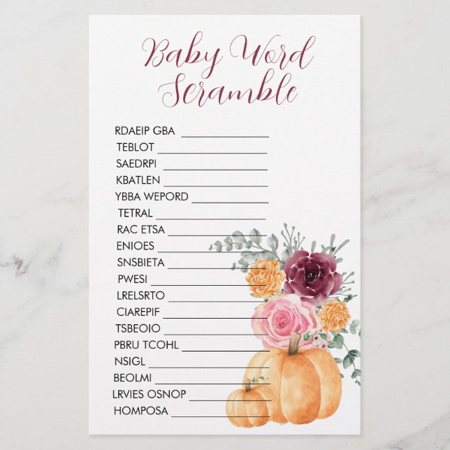 Baby Shower Scramble Fall Pumpkin Burgundy Pink  (Front)