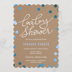 Baby Shower Script Kraft Paper Blue Confetti Invitation