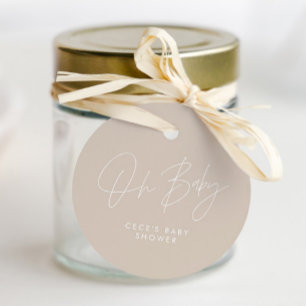 Baby shower script modern beige elegant favour tags