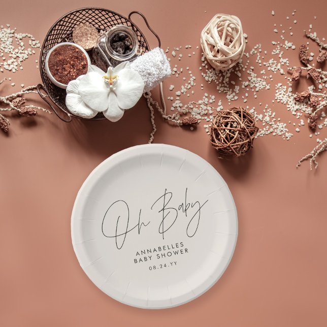 Baby shower script modern black and white elegant paper plate (Creator Uploaded)