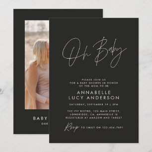 Baby shower script modern black elegant photo invitation