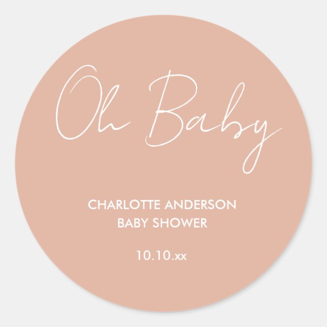Baby shower script modern blush pink elegant classic round sticker (Front)