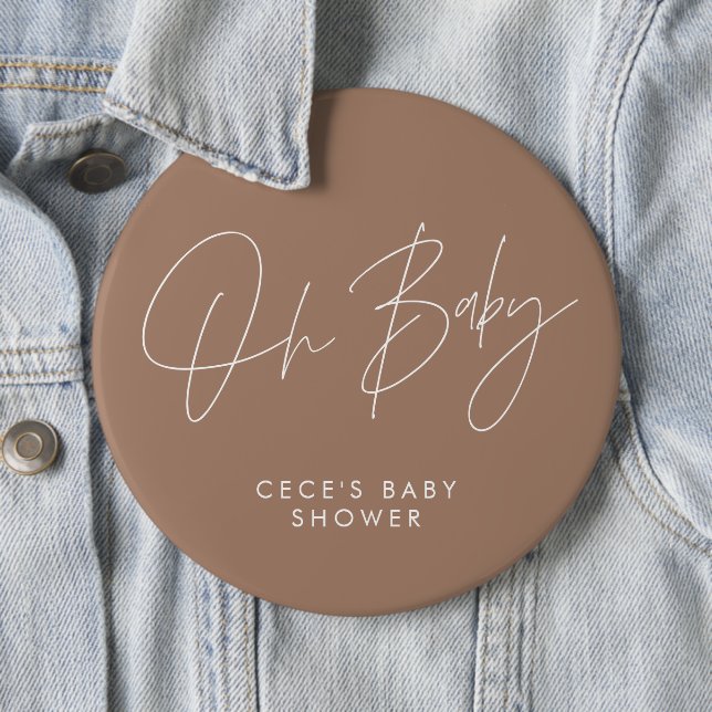 Baby shower script modern boho natural brown 6 cm round badge (In Situ)