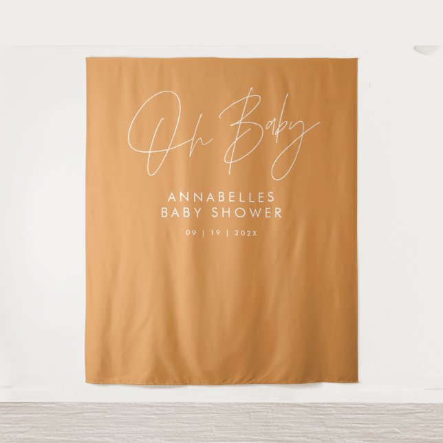 Baby shower script modern bold orange elegant tapestry (Front)