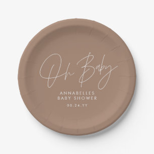 Baby shower script modern brown tan elegant paper plate