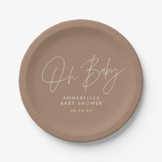 Baby shower script modern brown tan elegant paper plate
