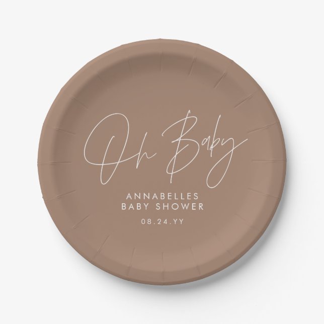 Baby shower script modern brown tan elegant paper plate (Front)