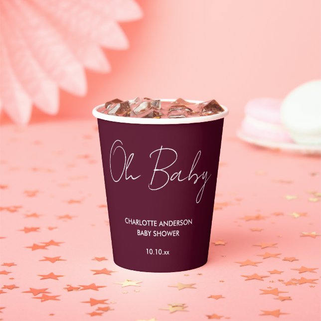 Baby shower script modern burgundy elegant paper cups (Insitu)