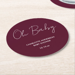 Baby shower script modern burgundy elegant round paper coaster