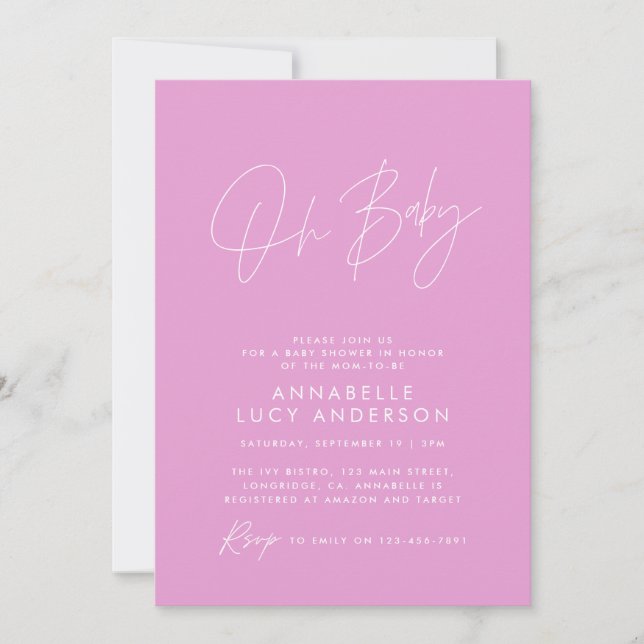 Baby shower script modern cerise pink elegant invitation (Front)