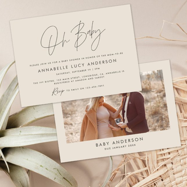 Baby shower script modern cream natural boho photo invitation (Creator Uploaded)
