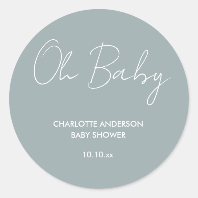 Baby shower script modern dusty blue elegant classic round sticker (Front)