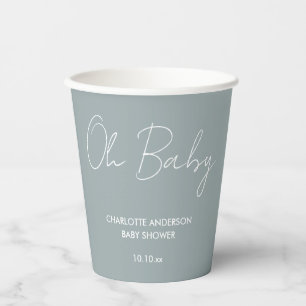 Baby shower script modern dusty blue elegant paper cups