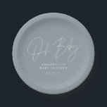 Baby shower script modern dusty blue elegant paper plate<br><div class="desc">Baby shower script modern dusty blue elegant party invitation design. Ideal gender neutral design.</div>