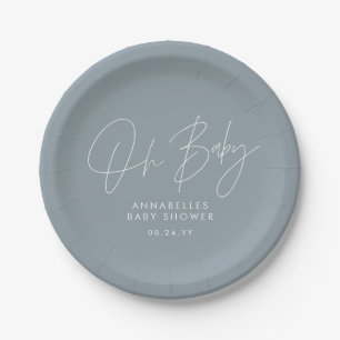 Baby shower script modern dusty blue elegant paper plate