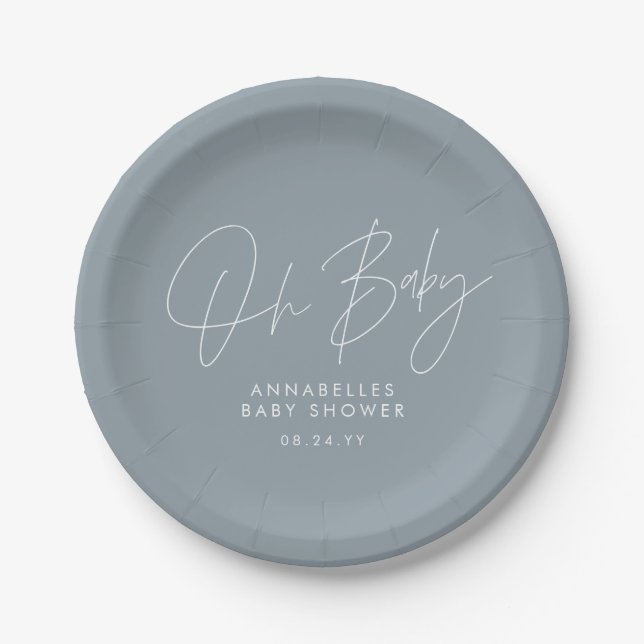 Baby shower script modern dusty blue elegant paper plate (Front)
