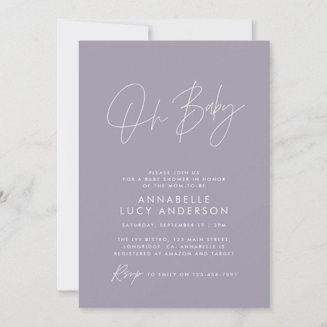 Baby shower script modern elegant lilac purple invitation (Front)