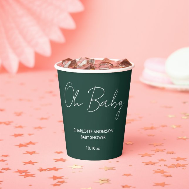 Baby shower script modern emerald green elegant paper cups (Insitu)