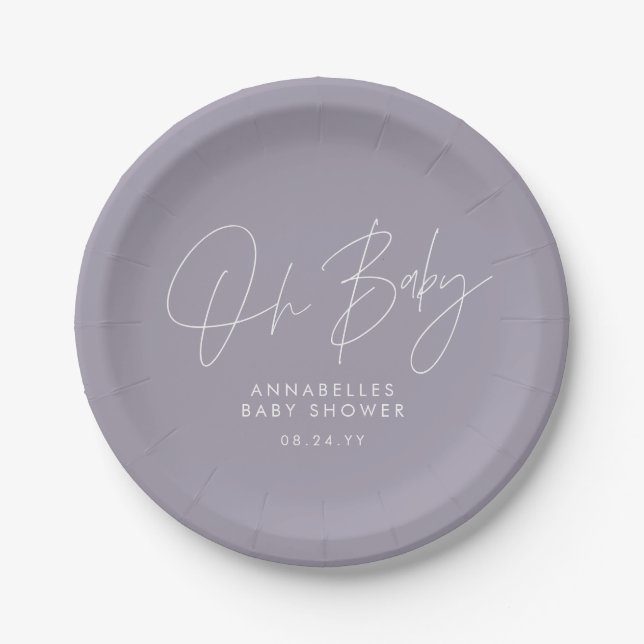 Baby shower script modern lilac purple elegant paper plate (Front)