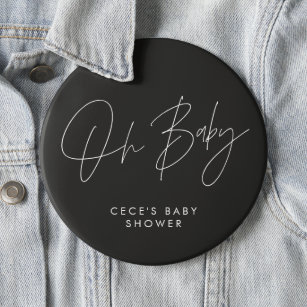 Baby shower script modern minimal black and white 6 cm round badge