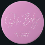 Baby shower script modern minimal cerise pink 6 cm round badge<br><div class="desc">Baby shower script modern bright girly cerise pink and white elegant party decor attire button design. Ideal contemporary minimal baby shower party design.</div>