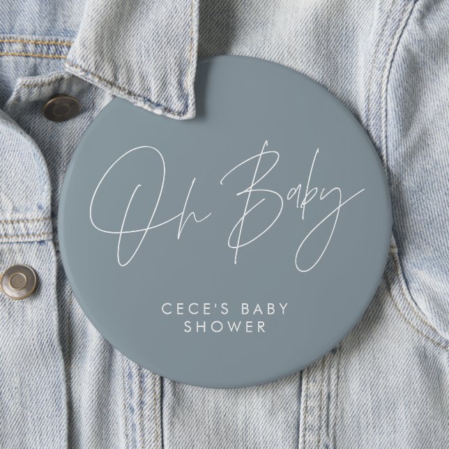 Baby shower script modern minimal dusty blue 6 cm round badge (In Situ)