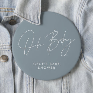 Baby shower script modern minimal dusty blue 6 cm round badge
