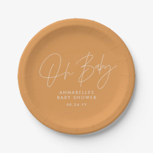 Baby shower script modern mustard elegant paper plate