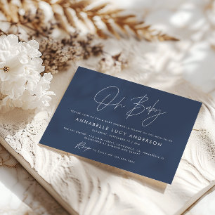 Baby shower script modern navy blue boho invitation