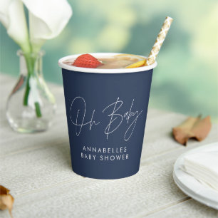 Baby shower script modern navy blue elegant paper cups