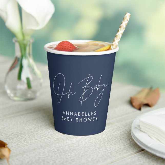 Baby shower script modern navy blue elegant paper cups (Insitu)