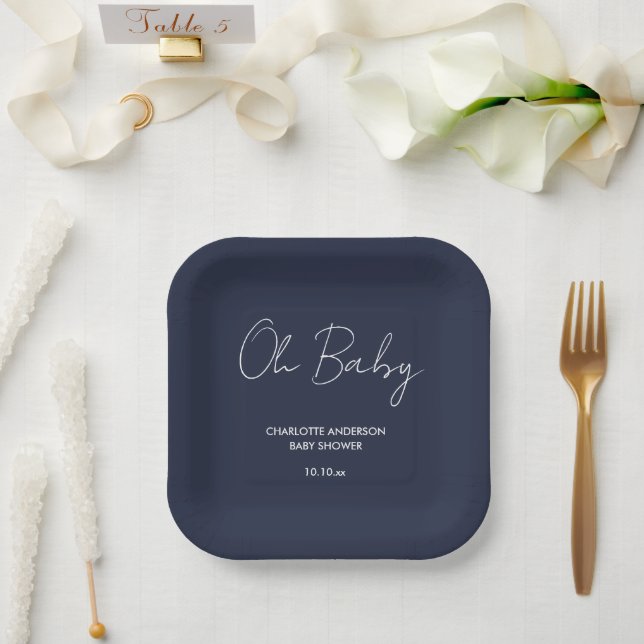 Baby shower script modern navy blue elegant paper plate (Wedding)